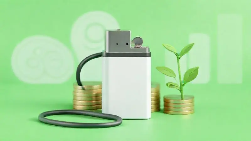 Render 3D minimalista ilustrando a economia e sustentabilidade de um acendedor recarregável de cozinha.