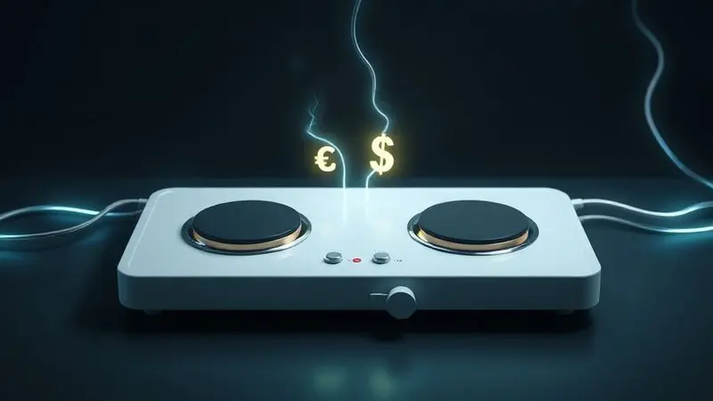 Render 3D conceitual sobre eficiência energética, com luzes verdes e azuis representando o baixo consumo de energia em um fogão elétrico.