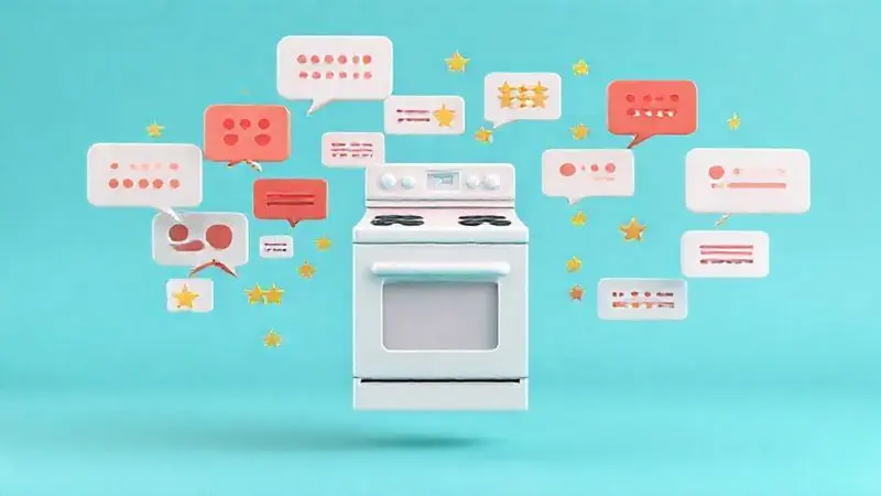 Render artístico 3D mostrando balões de fala e estrelas de avaliação, simbolizando a opinião dos consumidores sobre um produto.
