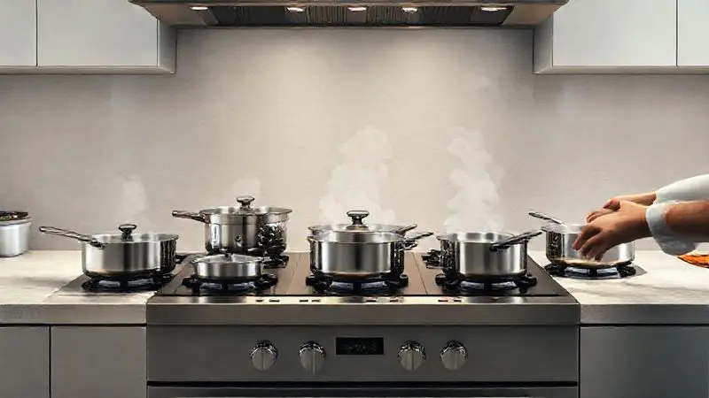 Ilustração de uma cozinha profissional mostrando a eficiência de um fogão de 6 bocas com vários pratos sendo preparados ao mesmo tempo.