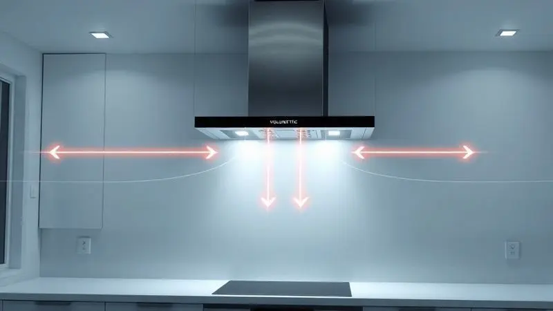 Ilustração conceitual do cálculo de vazão de ar em uma cozinha para coifa de parede, indicando o volume de sucção.