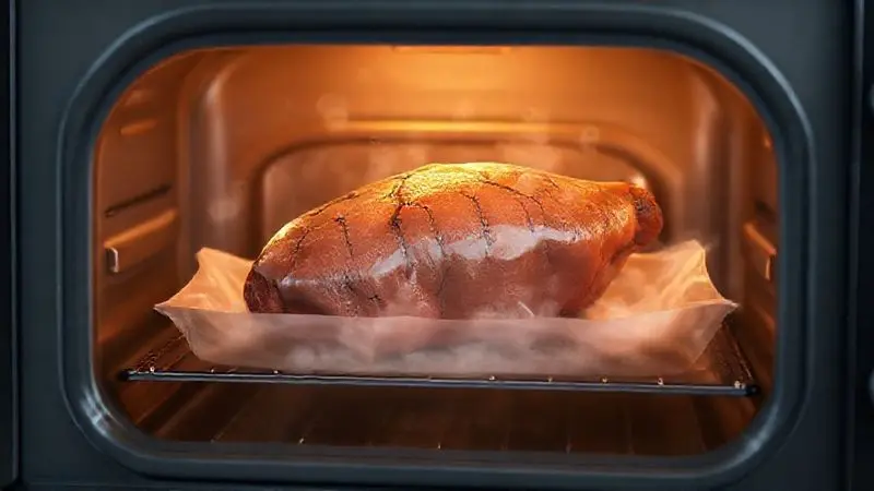 Render 3D conceitual de um pedaço de carne no forno, com vapor simbolizando a técnica para manter a suculência e evitar o ressecamento.