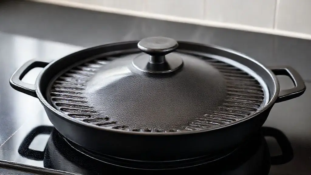 Churrasqueira de fogão antiaderente profissional com tampa, ideal para grelhar carnes e vegetais dentro de casa sem fumaça.