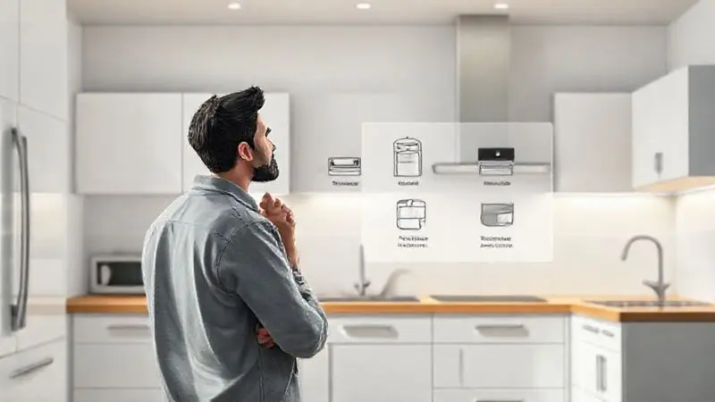 Ilustração de pessoa pensando sobre a melhor escolha entre fogão, cooktop a gás, elétrico ou por indução.