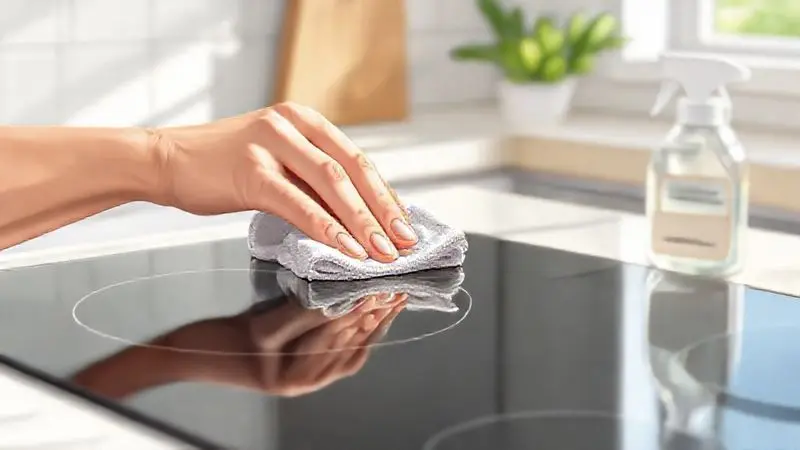 Ilustração de uma mão limpando suavemente a superfície de um cooktop, destacando a manutenção e os cuidados essenciais.