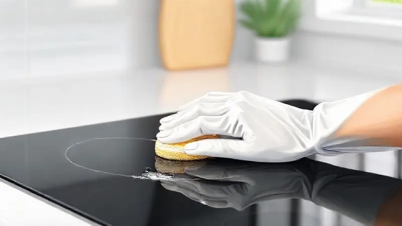 Imagem de uma mão limpando a superfície de um cooktop de vidro preto com uma esponja macia, destacando a facilidade de manutenção.
