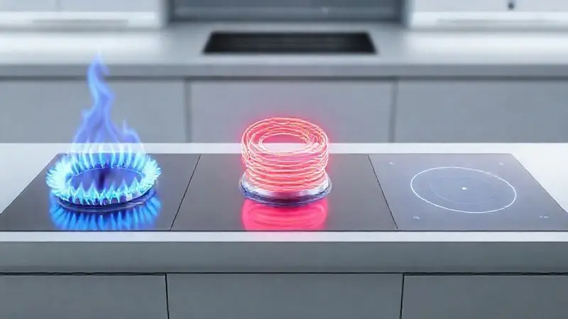 Renderização 3D comparando as tecnologias de cozimento: cooktop a gás, elétrico e por indução.