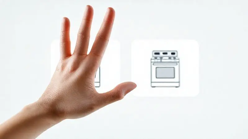 Render 3D de uma mão escolhendo entre opções de fogões em uma interface digital, simbolizando a decisão de compra.