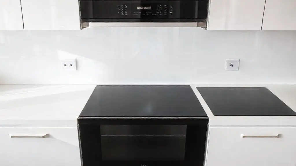 Comparativo profissional de um moderno fogão de embutir e um cooktop de indução pretos instalados em uma bancada de cozinha contemporânea.