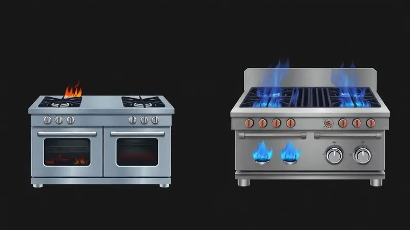 Ilustração conceitual comparando a robustez e o tamanho do fogão industrial com o modelo doméstico tradicional.