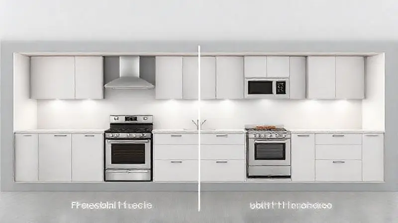 Renderização 3D da diferença entre um fogão de piso (freestanding) e um fogão de embutir, mostrando a integração com armários de cozinha.