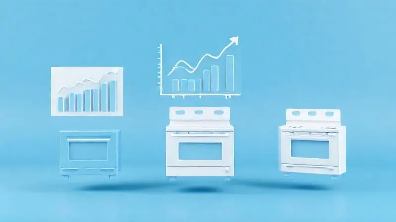 Render 3D de gráficos e análises de mercado flutuando sobre silhuetas de equipamentos industriais, simbolizando a comparação de marcas.