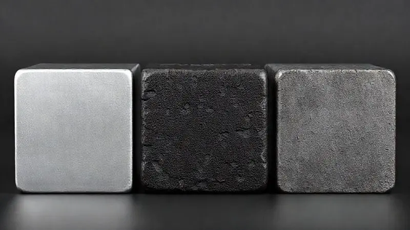 Renderização 3D de blocos de metal (aluminio, ferro fundido, aço) para comparação de materiais em chapas de fogão a lenha.