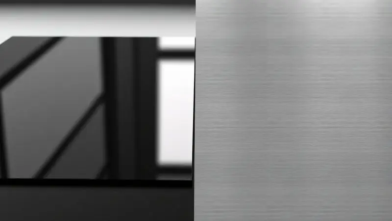 Renderização 3D comparativa entre a superfície de vidro temperado e o acabamento em aço inoxidável (inox) de um fogão.