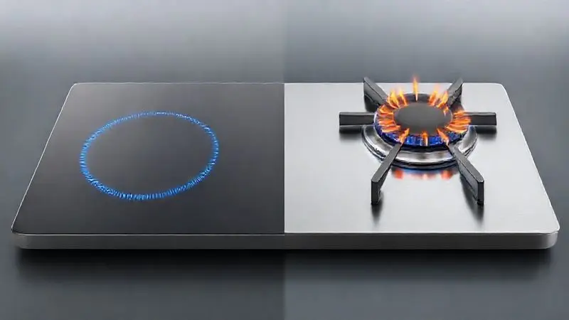 Ilustração comparativa conceitual de um cooktop por indução e um fogão a gás, representando os diferentes tipos.