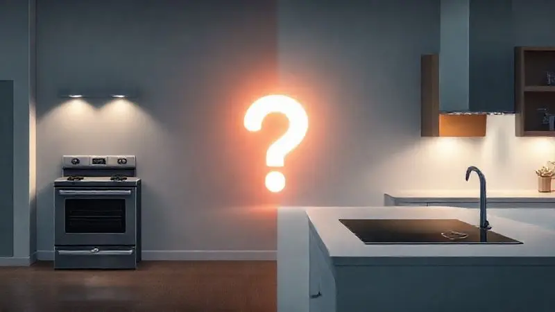 Ilustração conceitual comparando um fogão de piso tradicional e um cooktop, representando a escolha ideal para a cozinha.