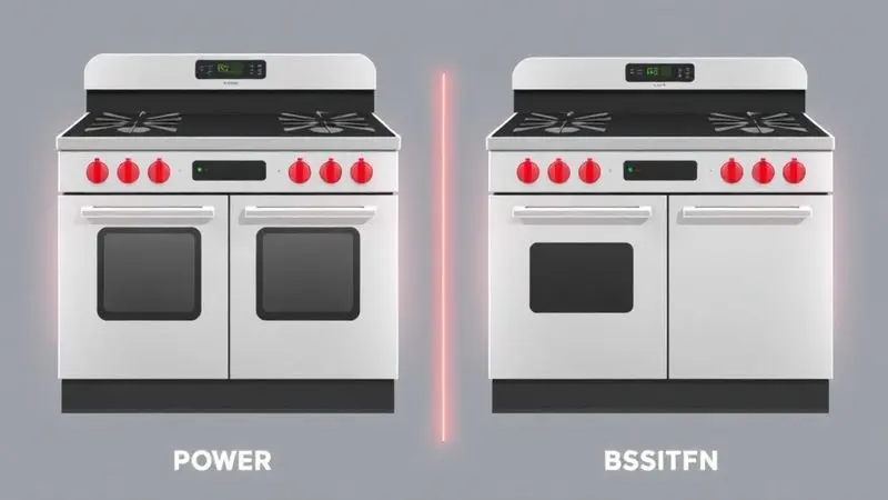 Ilustração de comparação entre dois fogões com diferentes níveis de potência e design, simbolizando a escolha entre marcas.