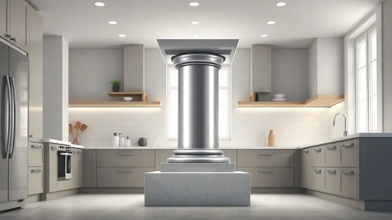 Renderização artística de um pilar de confiança em uma cozinha moderna, simbolizando a confiabilidade e tradição da marca.