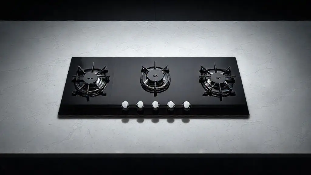 Fotografia profissional de um cooktop 5 bocas a gás moderno com mesa de vidro temperado preta, ideal para cozinhas contemporâneas e eficientes.