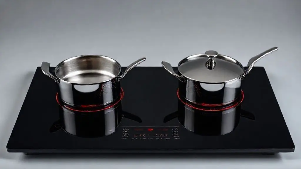 Cooktop de indução moderno de vidro preto com panelas, sob iluminação de estúdio profissional, destacando a tecnologia e design.
