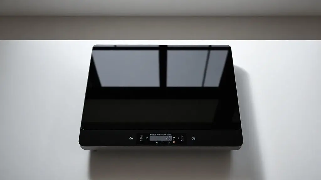 Imagem de destaque de um moderno cooktop de indução portátil preto com iluminação de estúdio, ideal para cozinhas contemporâneas.