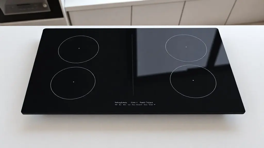 Fotografia de estúdio de um moderno cooktop de indução preto, sem marca, com quatro zonas de cozimento, representando a análise completa do produto.