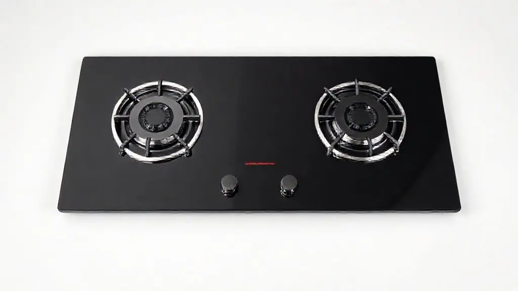 Cooktop moderno de 2 bocas a gás embutido, com mesa de vidro temperado preta e trempes de ferro fundido, ideal para cozinhas compactas.