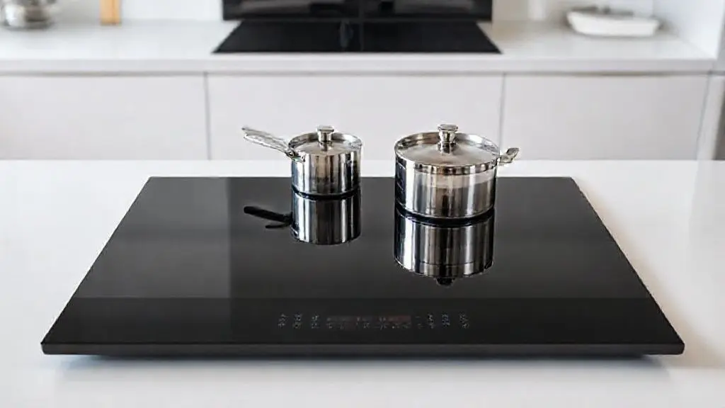 Cooktop de indução preto moderno com duas panelas, destacando o design elegante e a tecnologia de aquecimento rápido para cozinhas gourmet.