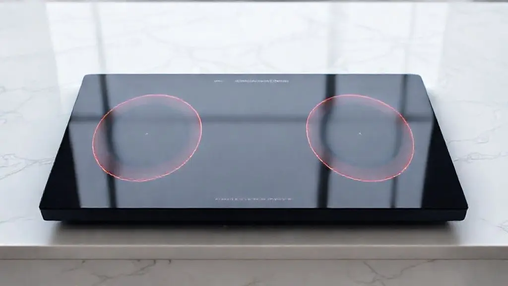 Fotografia profissional de um moderno cooktop de indução preto sobre bancada de mármore branco, com iluminação de estúdio destacando as zonas de aquecimento.