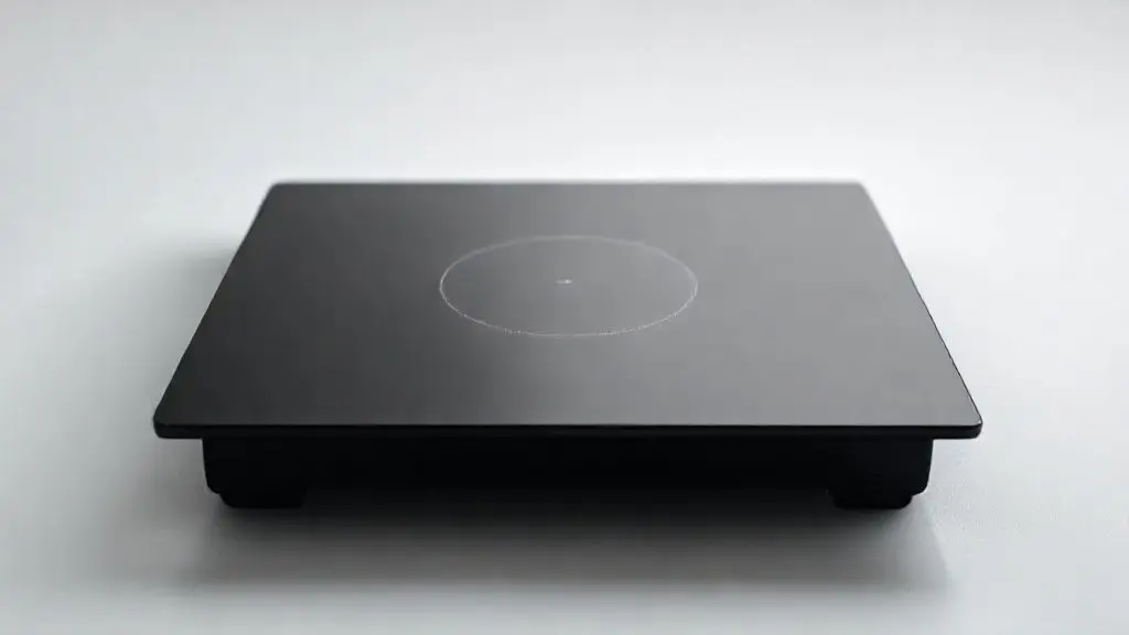 Foto de estúdio profissional de um moderno cooktop de indução preto, sem marca, destacando o design minimalista e a superfície de vidro polido.