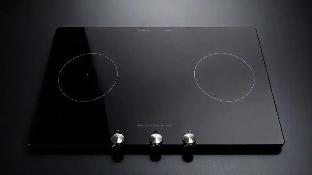Cooktop moderno de indução na cor preta com acabamento em vidro temperado, refletindo a luz de estúdio e pronto para o uso culinário.