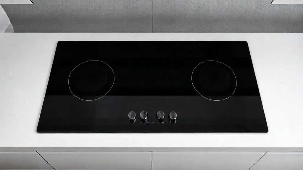 Cooktop moderno de vidro preto em bancada de cozinha, com quatro bocas, destacando o design elegante e a qualidade da superfície.