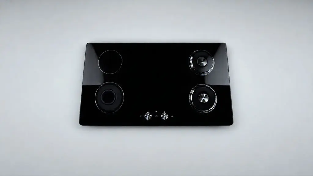 Fotografia profissional de um cooktop moderno de vidro preto com quatro queimadores, destacando o design elegante e a qualidade das melhores marcas de fogão.
