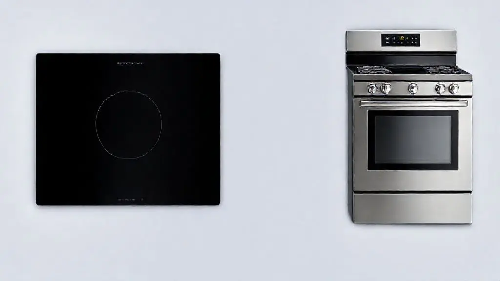Comparativo visual entre um moderno cooktop de indução preto e um fogão convencional de piso em aço inoxidável, destacando design e funcionalidades.