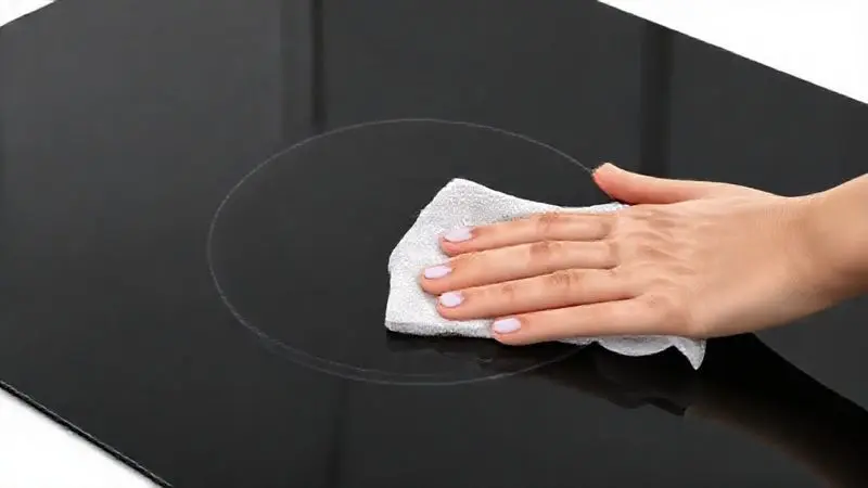 Ilustração de mãos limpando suavemente a superfície de vitrocerâmica de um cooktop de indução, enfatizando a facilidade de limpeza e os cuidados.