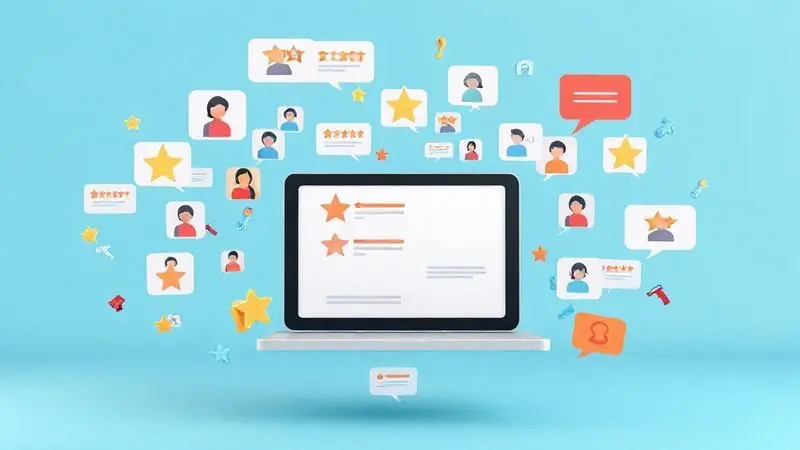 Render conceitual da coleta e análise de reviews de produtos em diferentes plataformas online, com foco em dados.