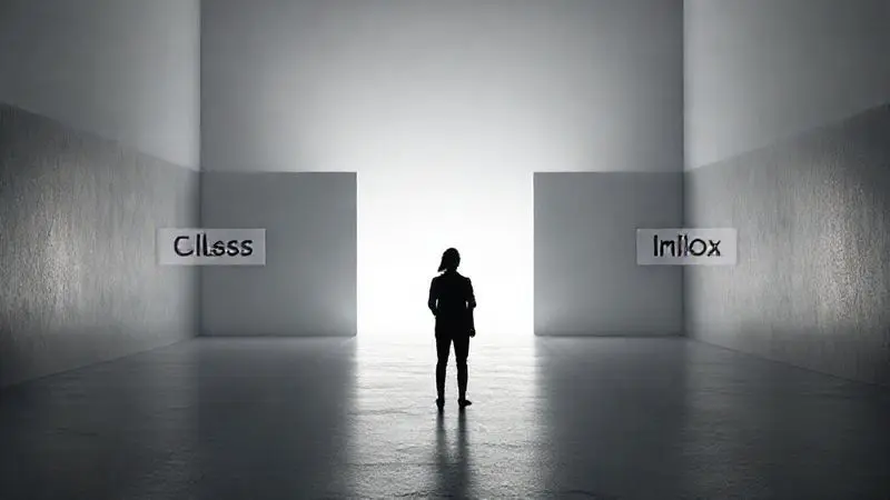 Imagem conceitual de uma pessoa ponderando a escolha entre dois caminhos ou opções, representando o fogão de vidro e o de inox.