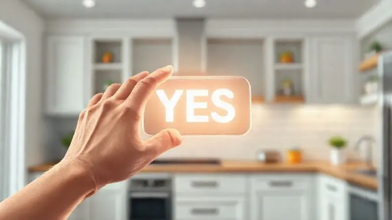Ilustração conceitual de uma decisão de compra positiva em uma cozinha, simbolizando satisfação com o produto.