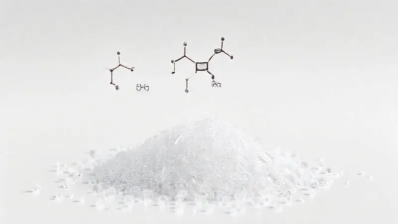 Ilustração digital 3D conceitual mostrando a estrutura molecular e os grânulos de um adoçante culinário.