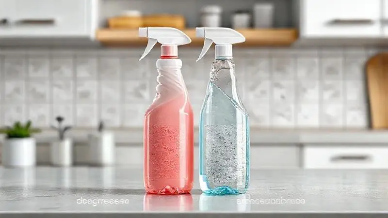 Diferença visual entre desengordurante e desincrustante, mostrando suas aplicações distintas na limpeza de cozinha.
