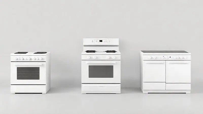Render artístico mostrando diferentes tipos de fogões e cooktops (piso, embutir) em um arranjo conceitual e minimalista.