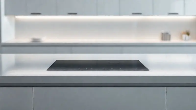 Ilustração 3D de um cooktop moderno e elegante em uma cozinha minimalista, representando um fogão premium.