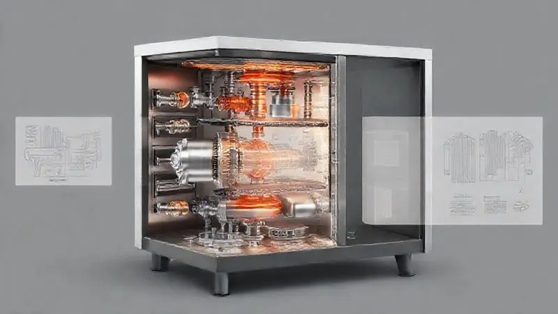 Diagrama 3D conceitual de um fogão industrial, ilustrando detalhes técnicos e componentes internos de alta performance.