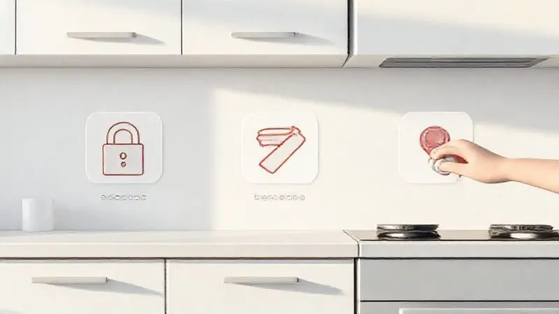 Infográfico conceitual com ícones de segurança, limpeza e uso correto de um fogão em uma cozinha minimalista.