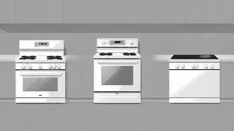Ilustração conceitual de três painéis representando diferentes tipos de fogão: de piso, de embutir e cooktop.