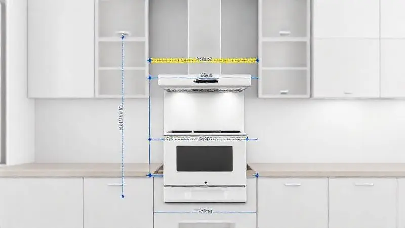 Render 3D mostrando um fogão moderno com linhas arquitetônicas e fitas métricas, ilustrando suas dimensões e capacidade na cozinha.