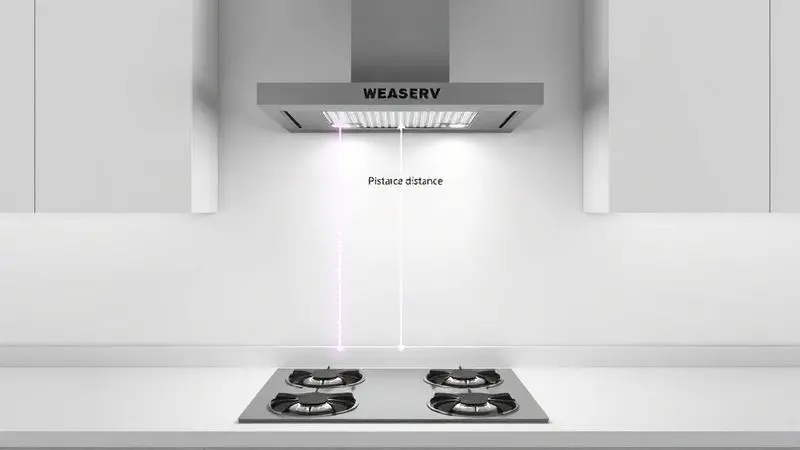Ilustração mostrando a distância ideal de instalação entre coifa de parede e fogão de 4 bocas, com fita métrica conceitual.