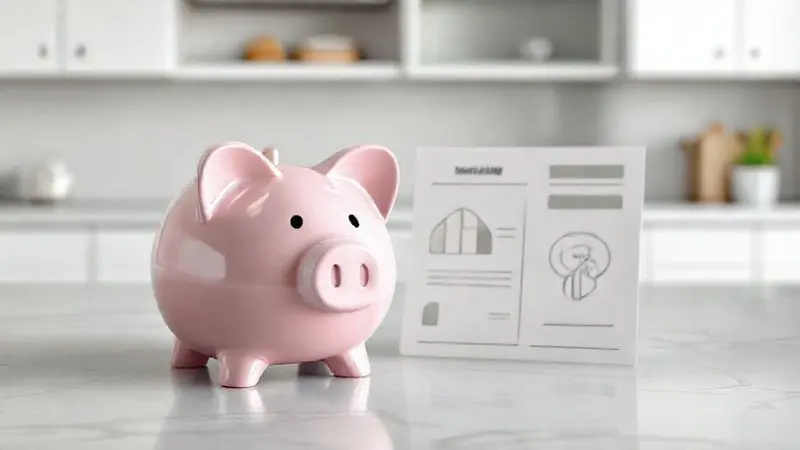 Render 3D conceitual de um cofrinho e símbolos de economia em uma cozinha, representando o excelente custo-benefício do fogão.