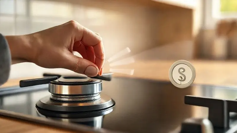 Ilustração de mão ajustando o gás de um fogão, simbolizando a economia de gás de cozinha e eficiência energética.