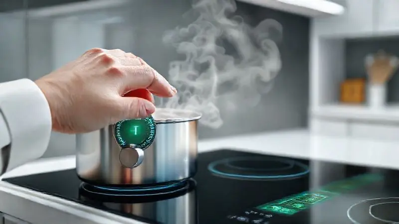 Renderização conceitual de um fogão de indução com vapor intenso, simbolizando a eficiência e o rápido tempo de preparo dos alimentos.